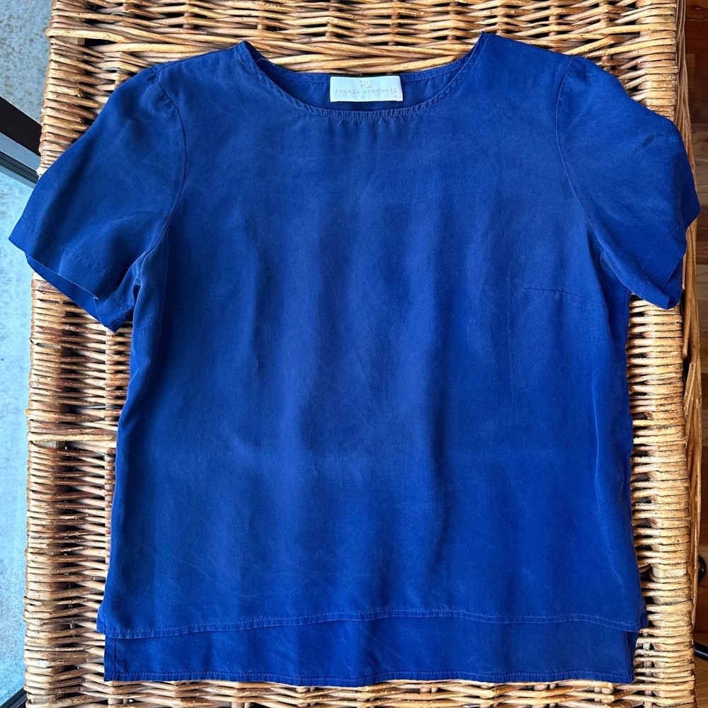 Amanda Uprichard Womens Royal Blue 100% Silk Short Sleeve Crew Neck Blouse M